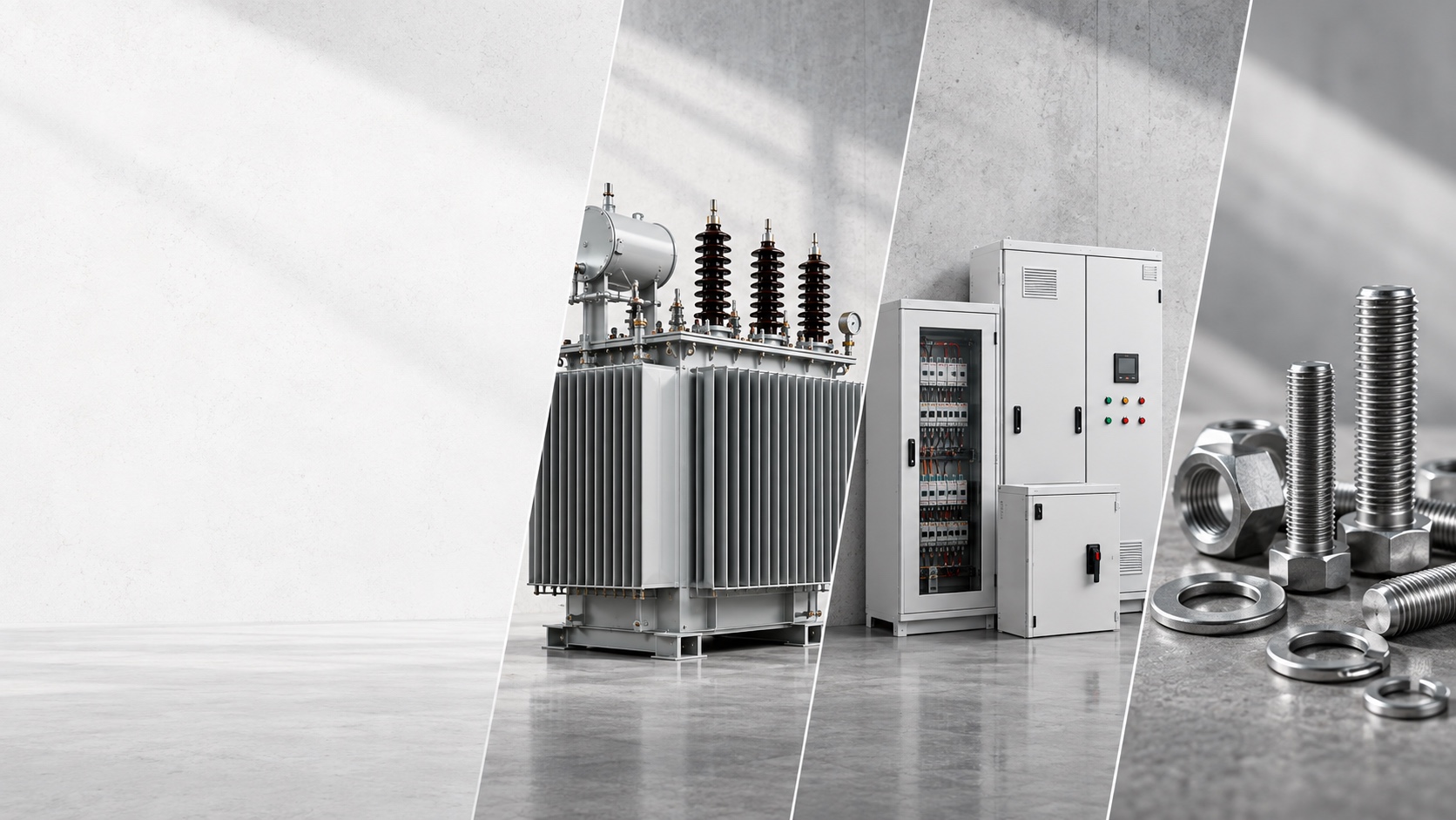 Transformer, distribution boxes and panels, and industrial fasteners in a coordinated industrial composition