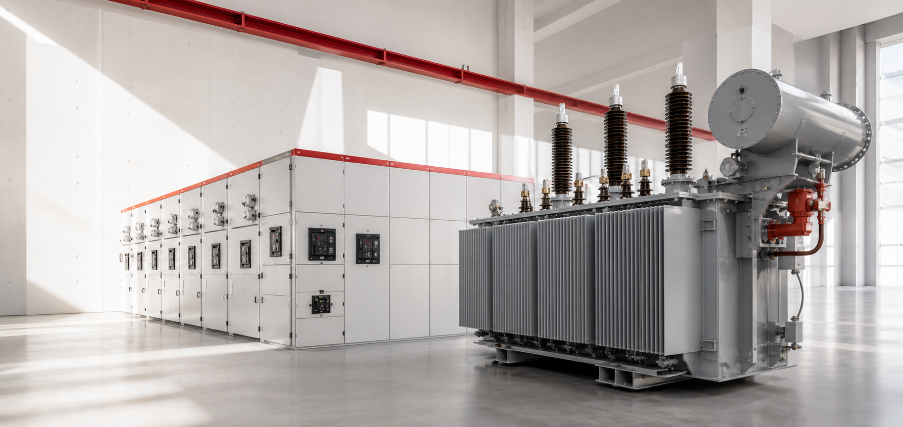 Power transformer and distribution cabinets in a modern engineering hall