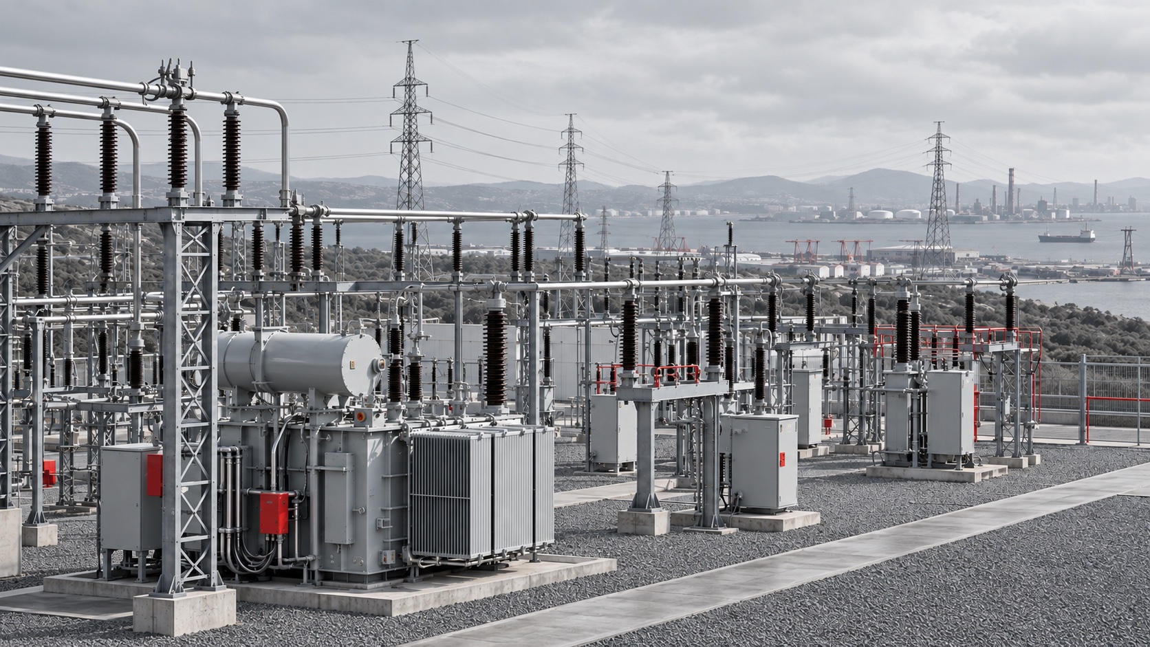 Illustrative view of a power substation and transmission infrastructure