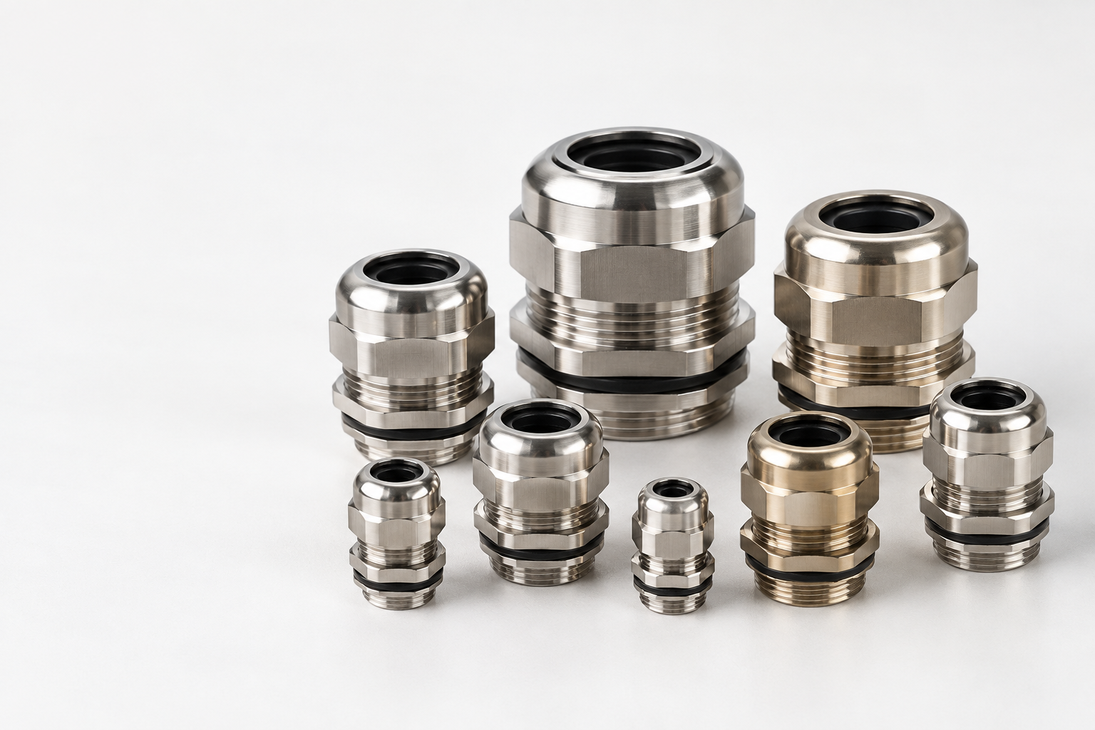 Stainless steel and brass cable glands in a range of sizes