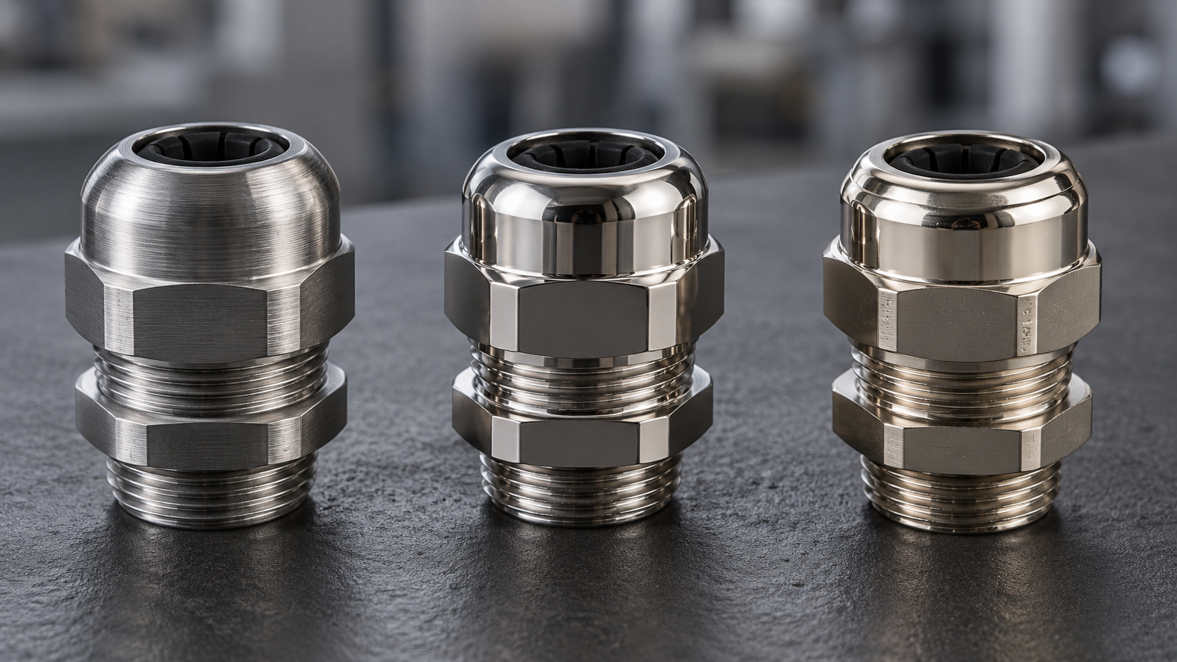 Three cable gland material finishes shown side by side